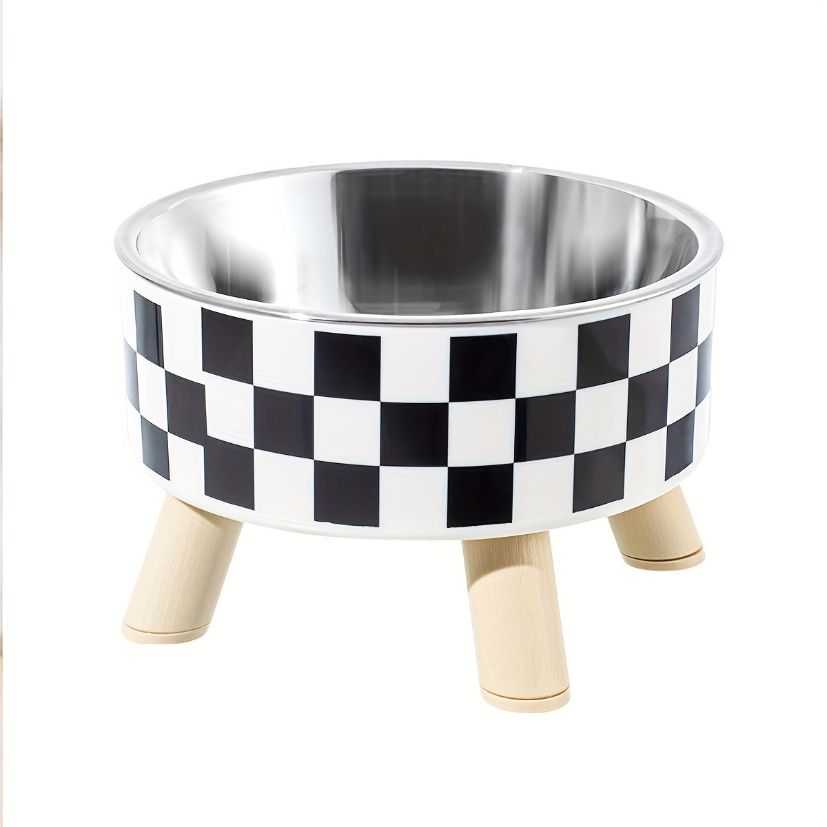 Stainless Steel Elevated Pet Food Bowl – Black & White Checkerboard