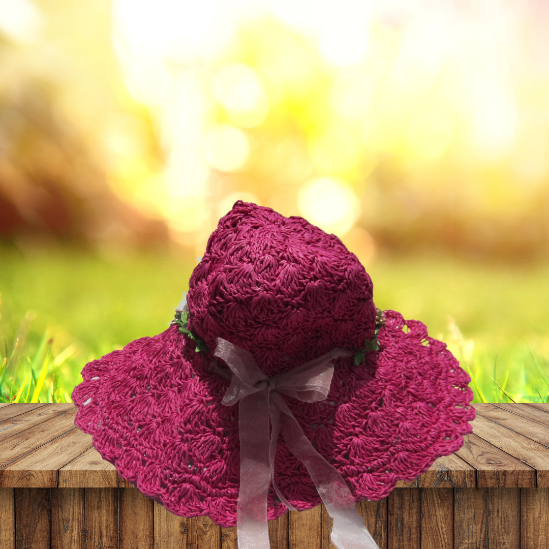 Crochet Crisscross Woven (Floral Ribbon) Straw Hats - Hot Pink