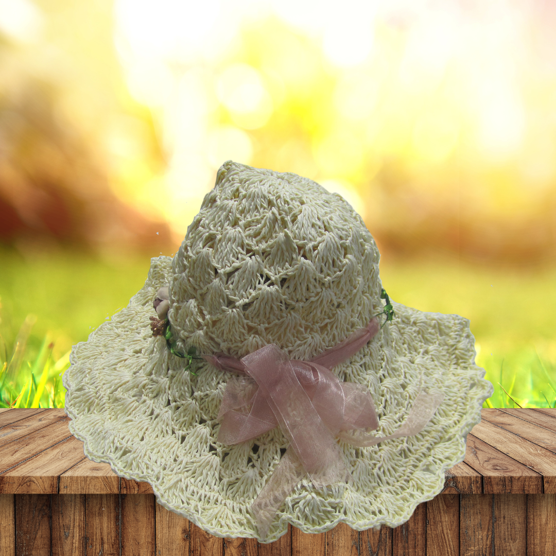 Crochet Crisscross Woven (Floral Ribbon) Straw Hats - Off white