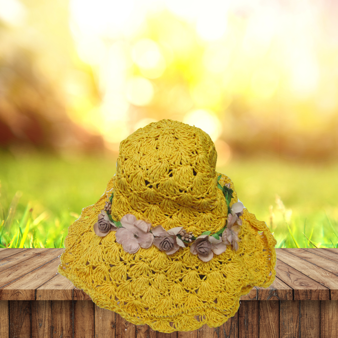 Crochet Crisscross Woven (Floral Ribbon) Straw Hats - Ochre Yellow