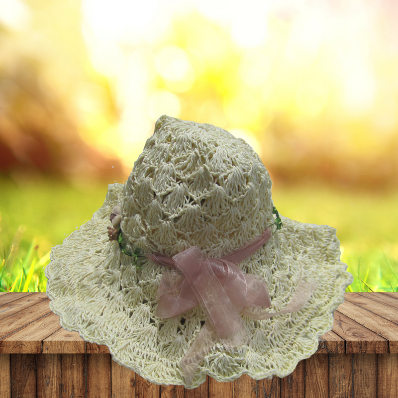 Crochet Crisscross Woven (Floral Ribbon) Straw Hats - Off white