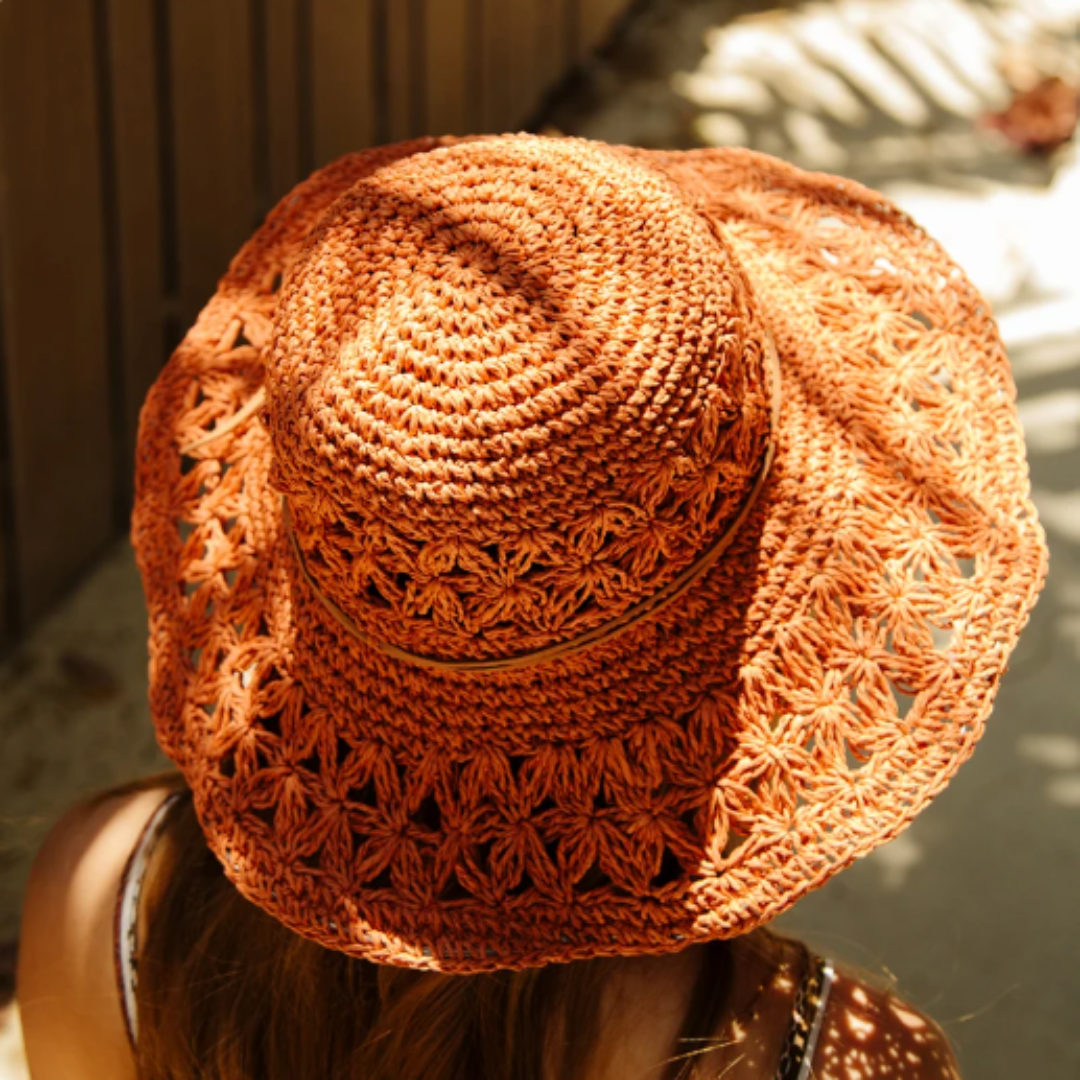 Crochet Crisscross Woven (Ribbon) Straw Hats - Khaki
