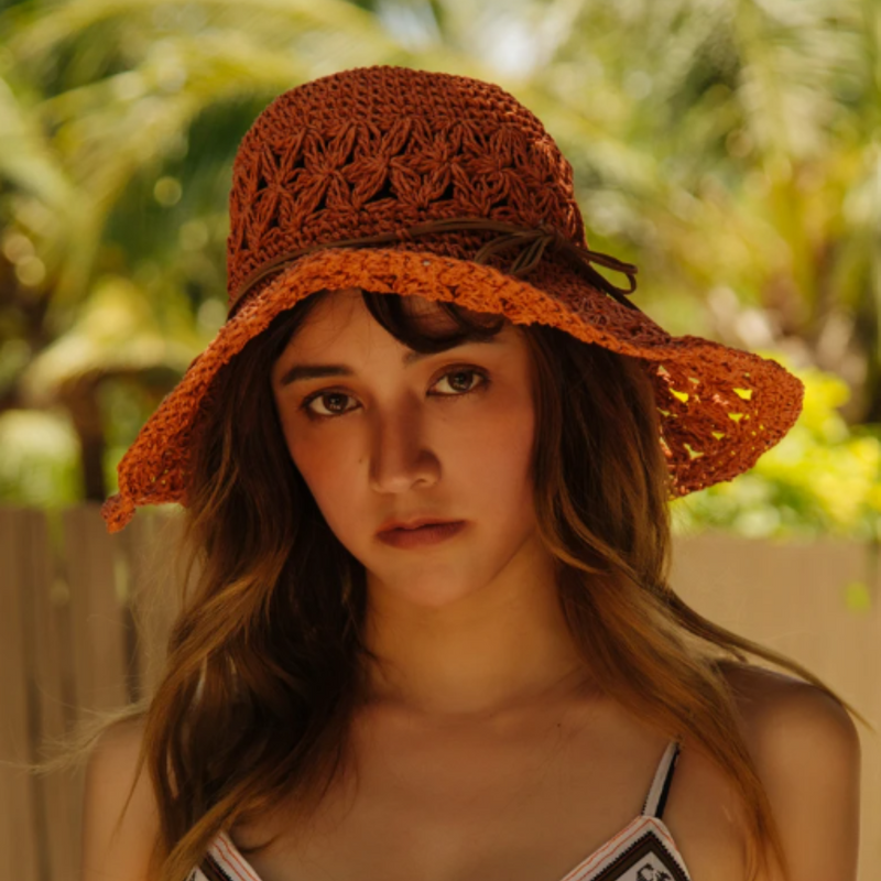Crochet Crisscross Woven (Ribbon) Straw Hats - Khaki