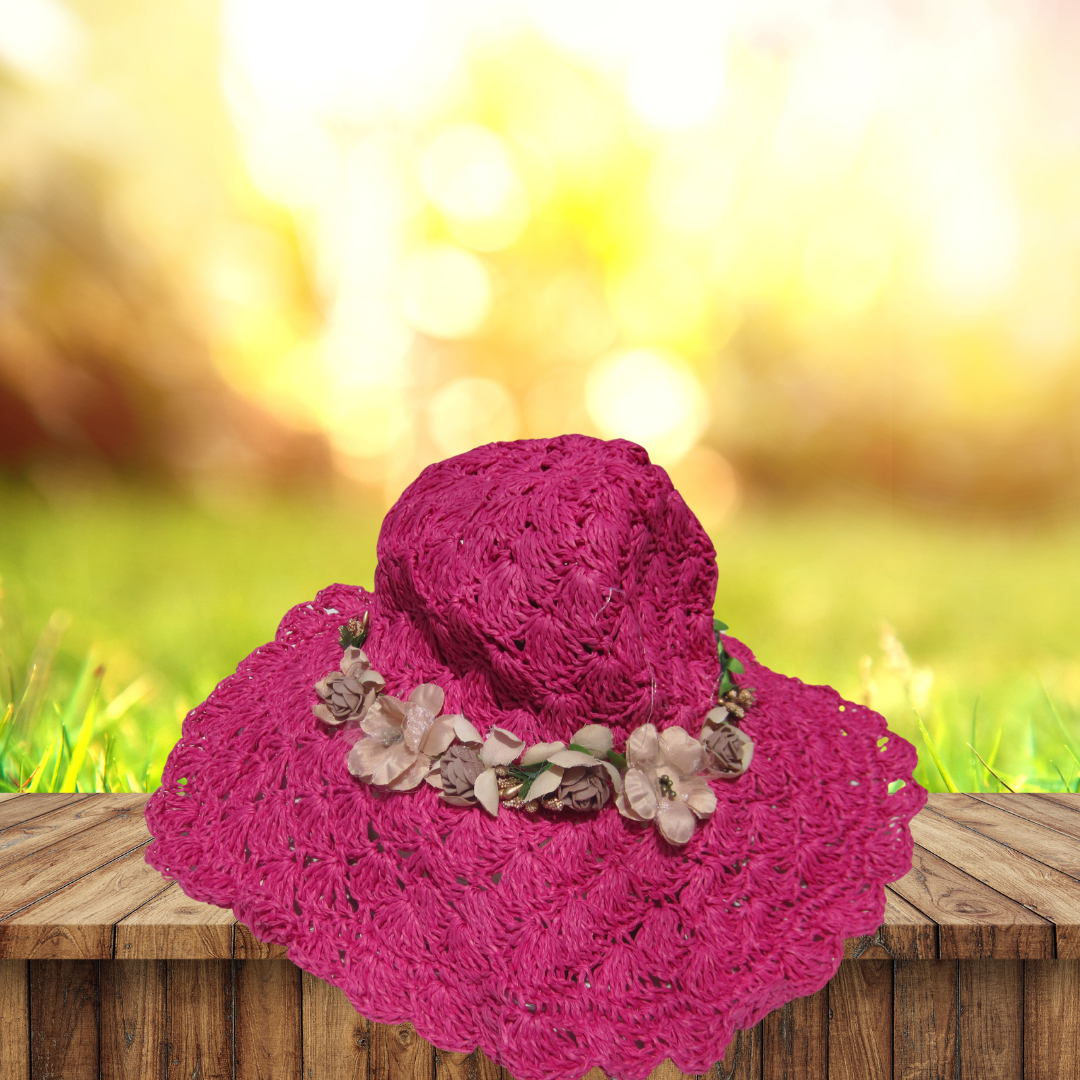 Crochet Crisscross Woven (Floral Ribbon) Straw Hats - Hot Pink