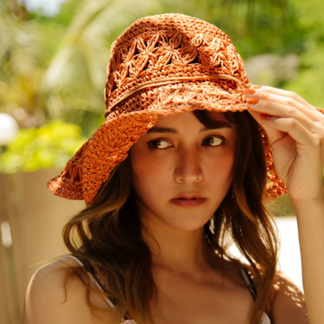 Crochet Crisscross Woven (Ribbon) Straw Hats - Khaki