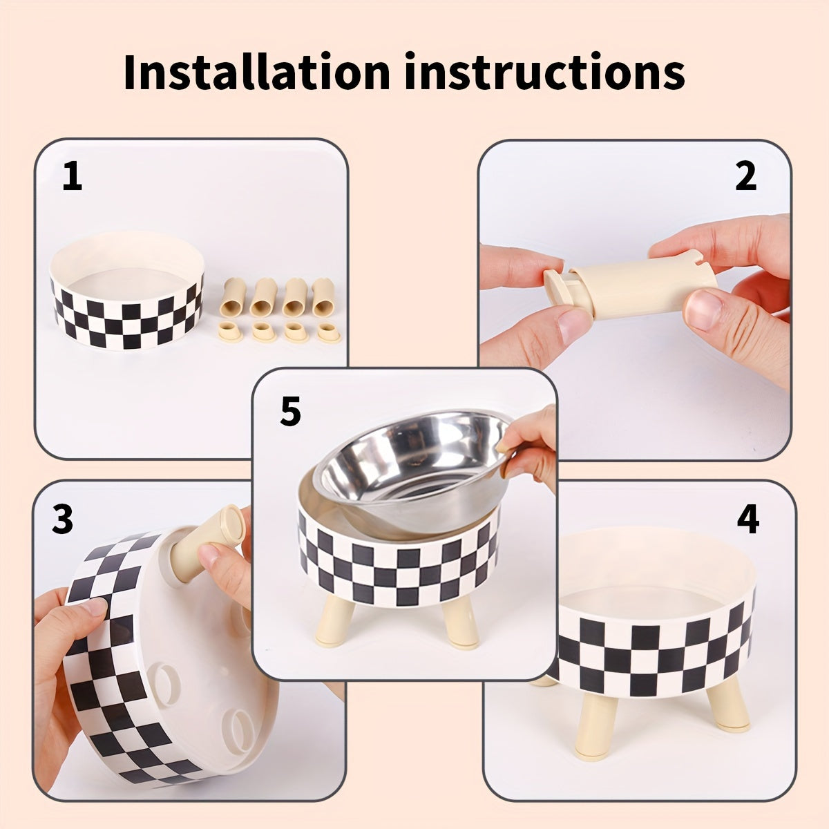 Stainless Steel Elevated Pet Food Bowl – Black & White Checkerboard