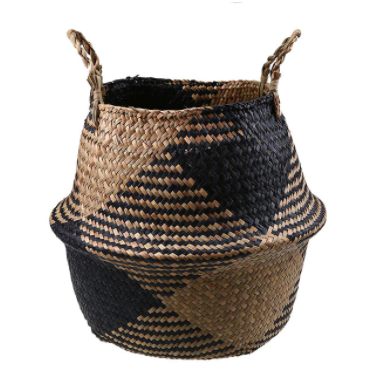Foldable Handmade Rattan Woven Flower Seagrass Basket - Black & Beige