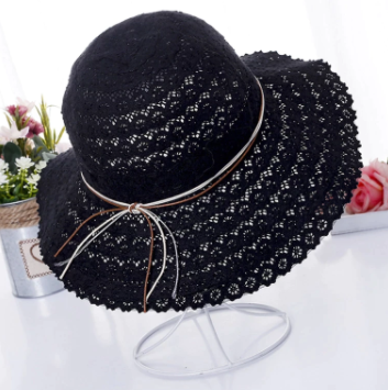 Summer Women Foldable Brimmed Straw Hat - Black