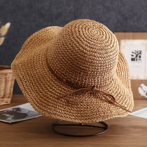 Crochet Woven (Ribbon) Straw Hats - Khaki