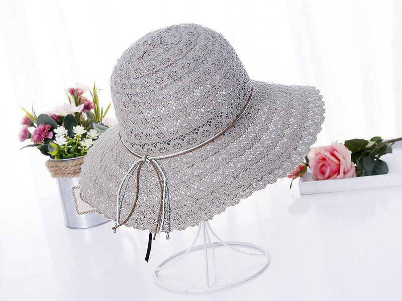 Summer Women Foldable Brimmed Straw Hat - Grey