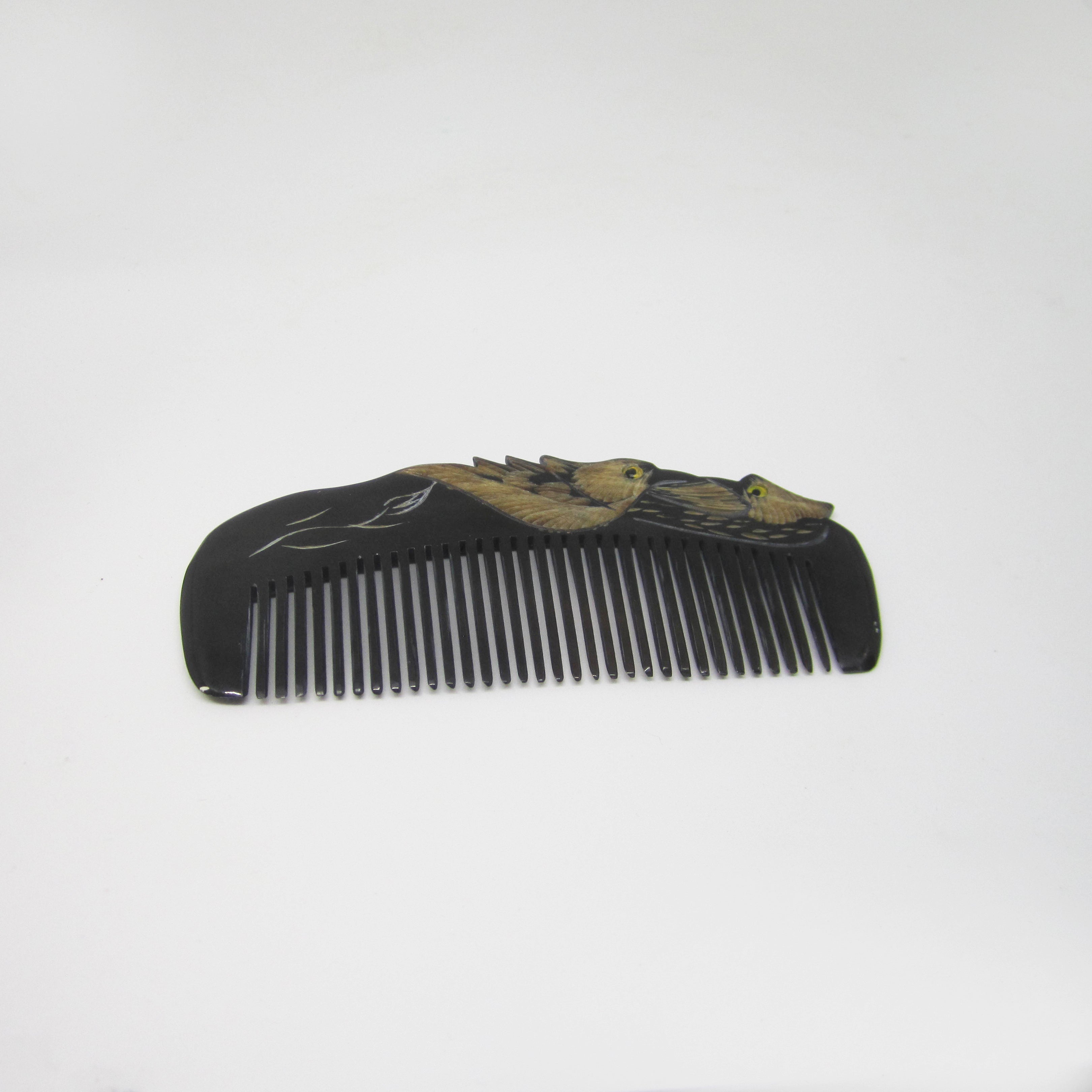 Tibet Hand Carved Yak Horn Combs - BLACK Love Birds Kissing