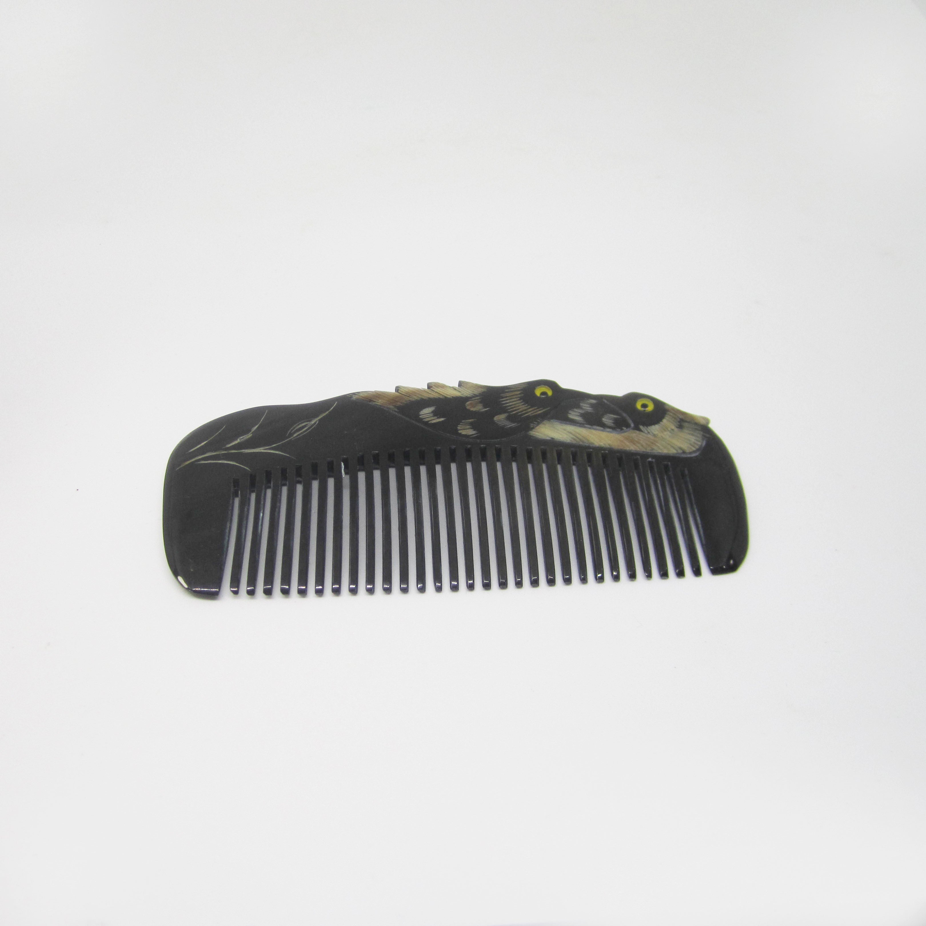 Tibet Hand Carved Yak Horn Combs - BLACK Love Birds Kissing