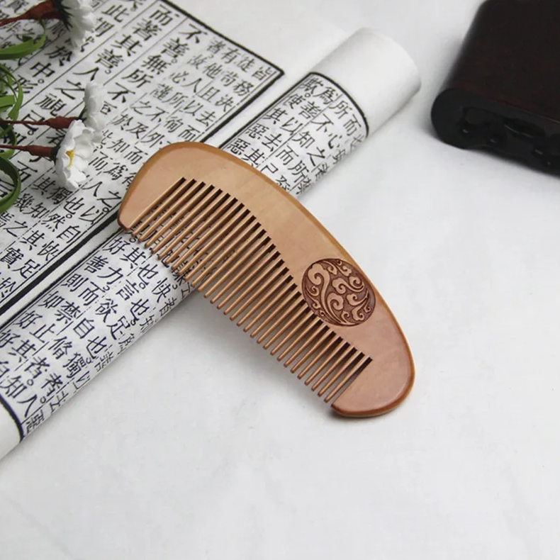 Natural Peach Wood Etched Vintage Collection Hand Held Comb - 1
