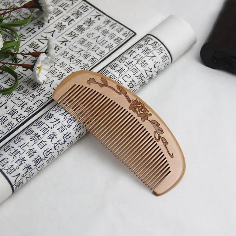 Natural Peach Wood Classic Broad Teeth Handle Comb