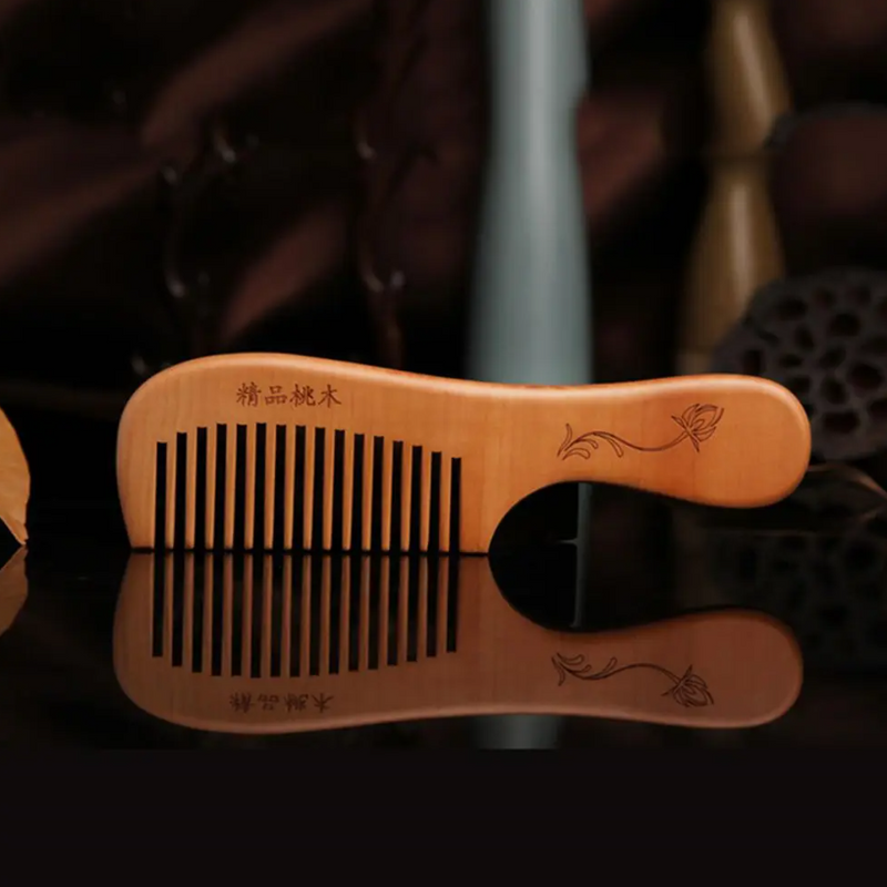 Natural Peach Wood Classic (Broad Teeth) Floral Etched Handle Comb