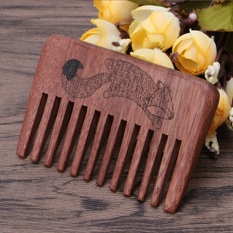 Natural Peach Wood Classic Broad Teeth Handle Comb (Fox Design) - 6