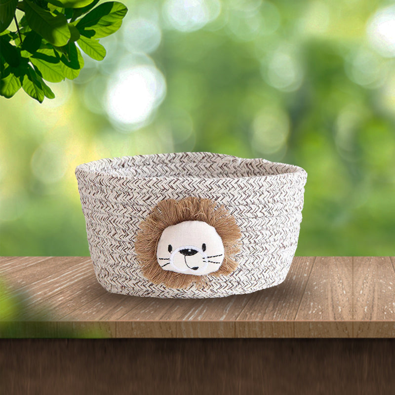 Handmade White & Brown Cotton Gift Basket and Desktop Organiser - Baby Lion