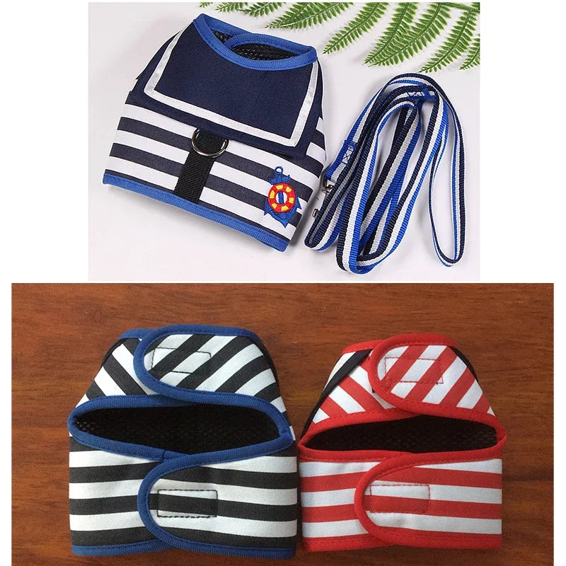 Soft Breathable Navy Style Leash Set for Small and Medium Dogs, Chihuahua Puppy Collar, Chest Strap, Pet Clothes