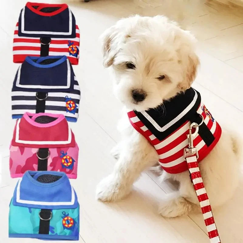 Soft Breathable Navy Style Leash Set for Small and Medium Dogs, Chihuahua Puppy Collar, Chest Strap, Pet Clothes