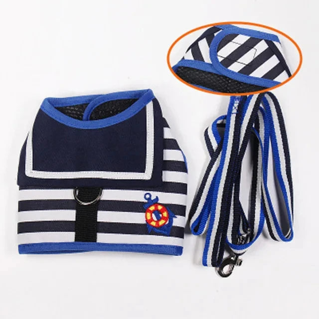 Soft Breathable Navy Style Leash Set for Small and Medium Dogs, Chihuahua Puppy Collar, Chest Strap, Pet Clothes