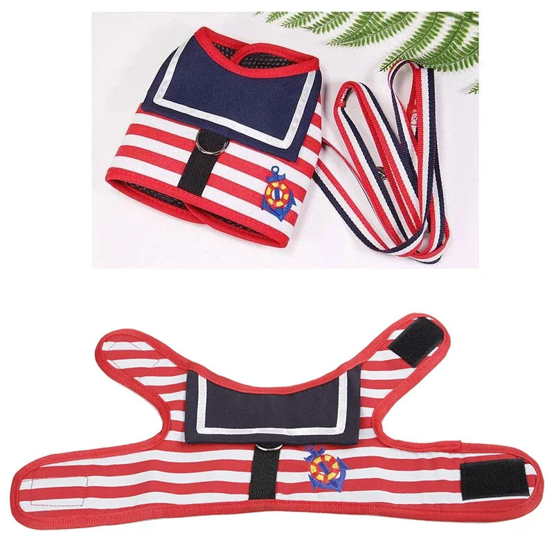Soft Breathable Navy Style Leash Set for Small and Medium Dogs, Chihuahua Puppy Collar, Chest Strap, Pet Clothes