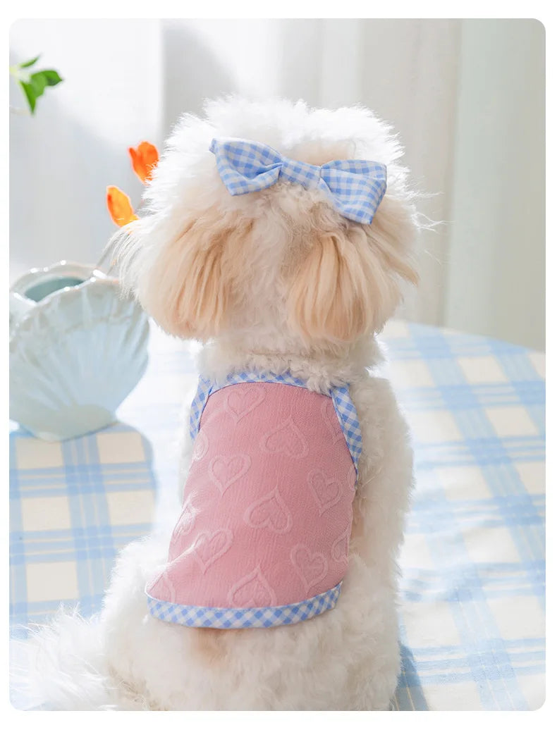 Spring and Summer Dog Cute Love Relief Texture Bow Strap Cat Tank Top Pet Dog Clothes Puppy Clothes Dog Costume