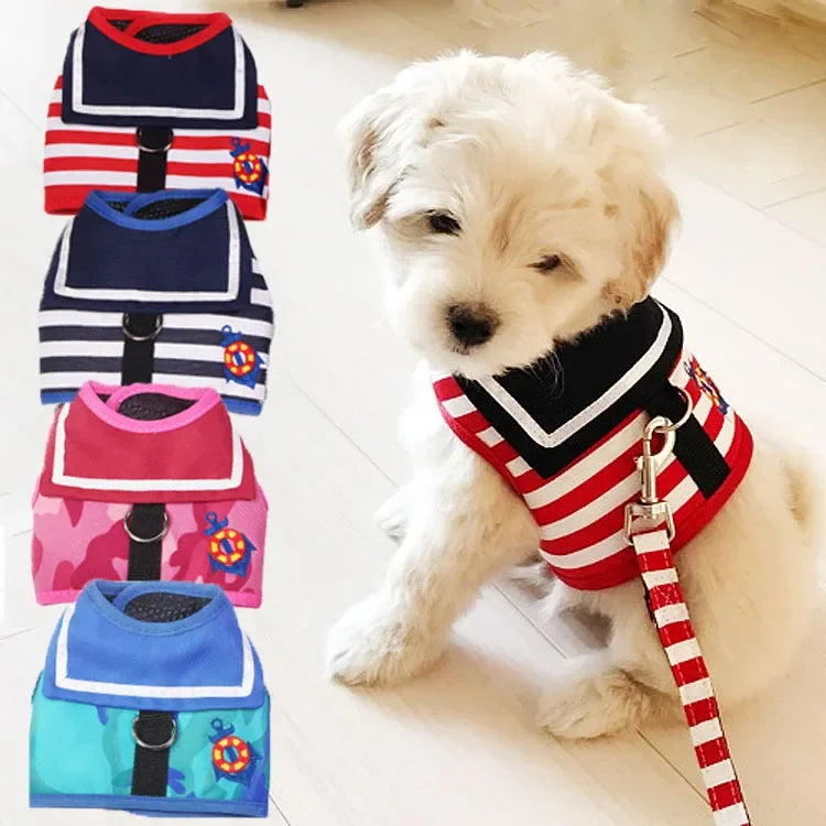 Soft Breathable Navy Style Leash Set for Small and Medium Dogs, Chihuahua Puppy Collar, Chest Strap, Pet Clothes