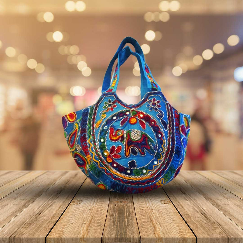 Hand Embroidered Ethnic Tote Banjara bag | Bohemian bag | Hippie bag - Light Blue