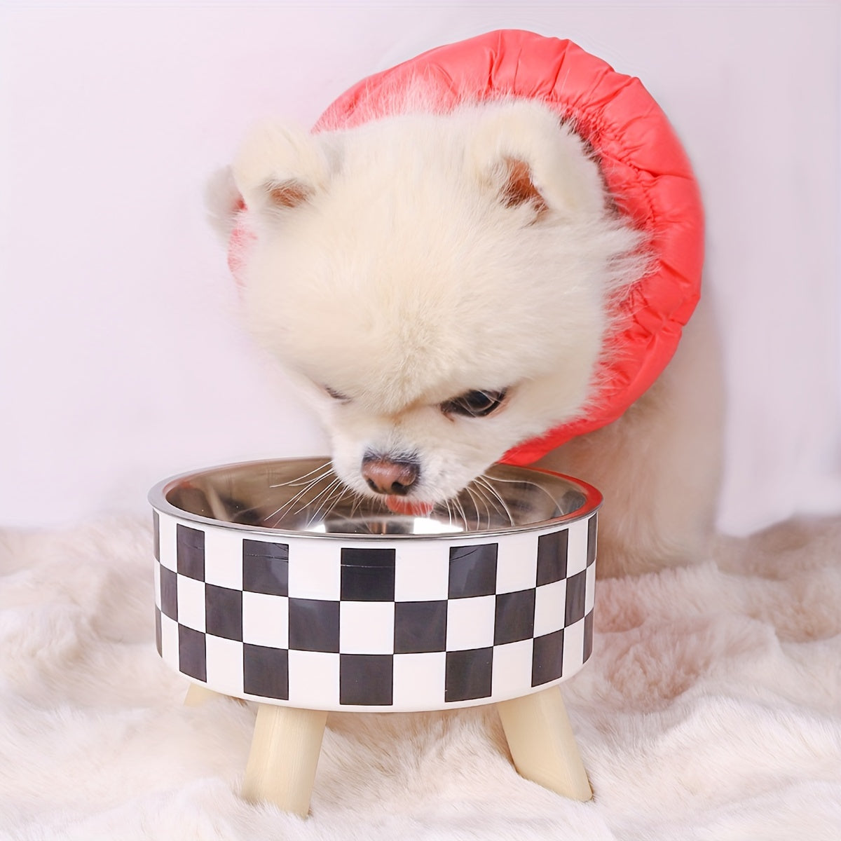 Stainless Steel Elevated Pet Food Bowl – Black & White Checkerboard