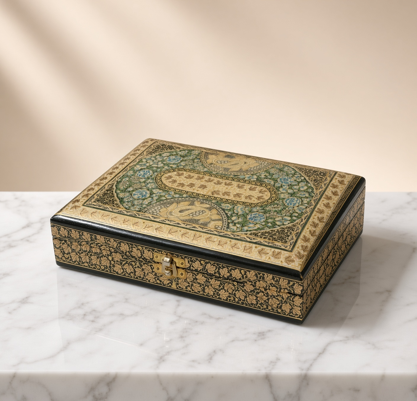 Paper Mache Keepsake Box with Gold Floral Motifs