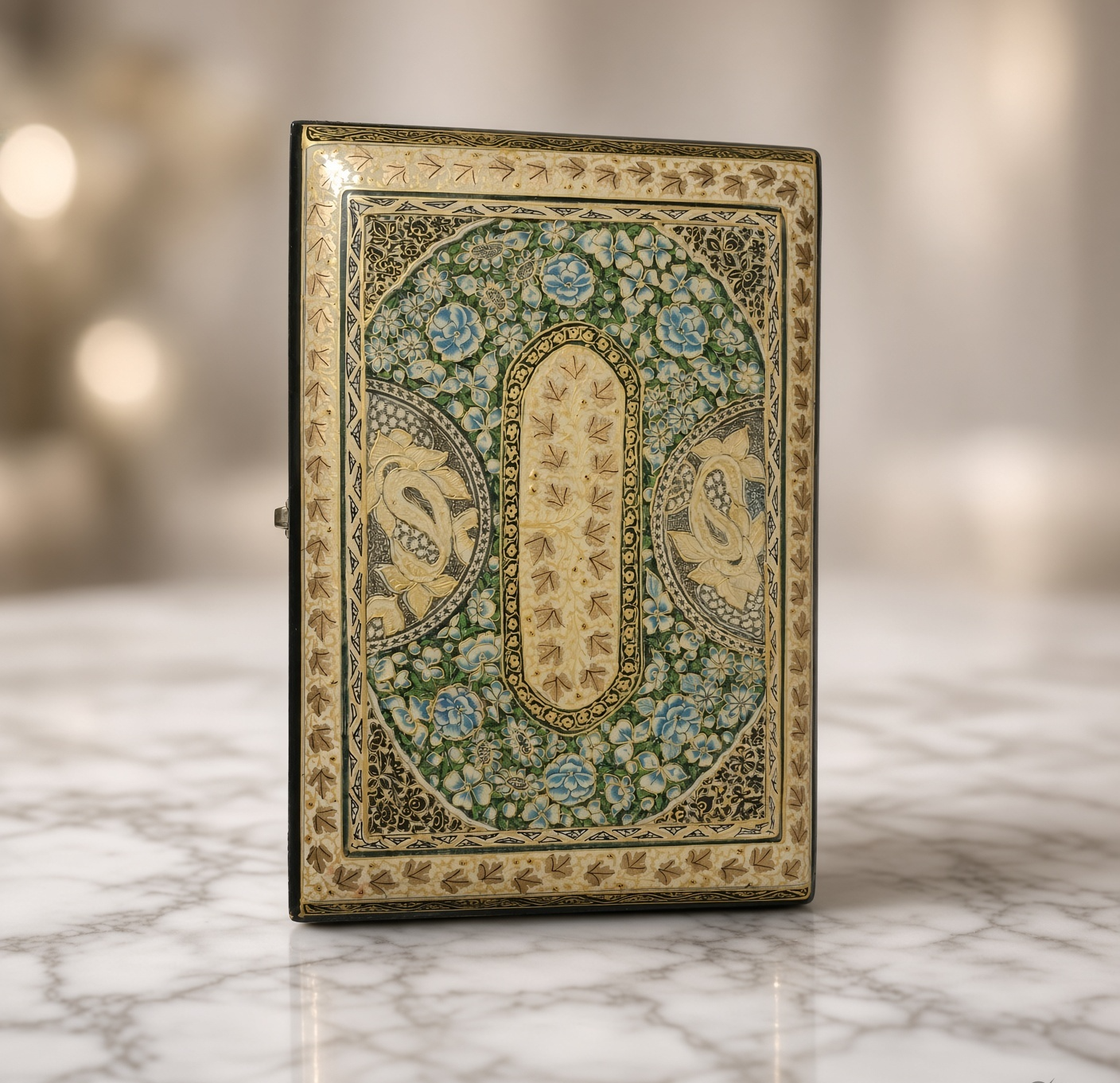Paper Mache Keepsake Box with Gold Floral Motifs