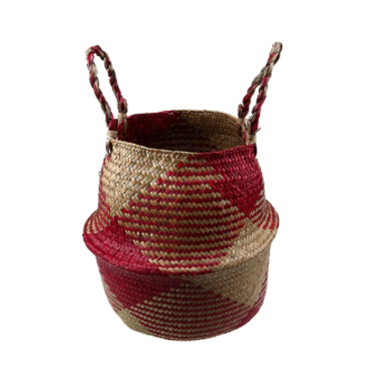 Foldable Handmade Rattan Woven Flower Seagrass Basket - Red & Beige