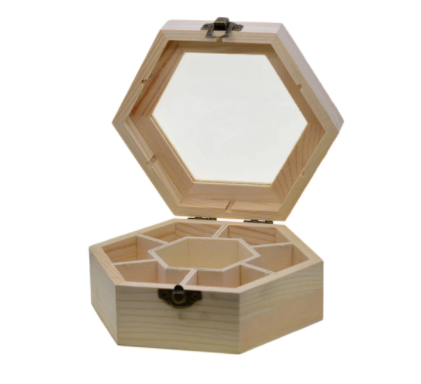 Plain Wooden Hexagon Jewelry Organizer with a glass lid
