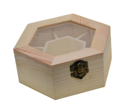 Plain Wooden Hexagon Jewelry Organizer with a glass lid
