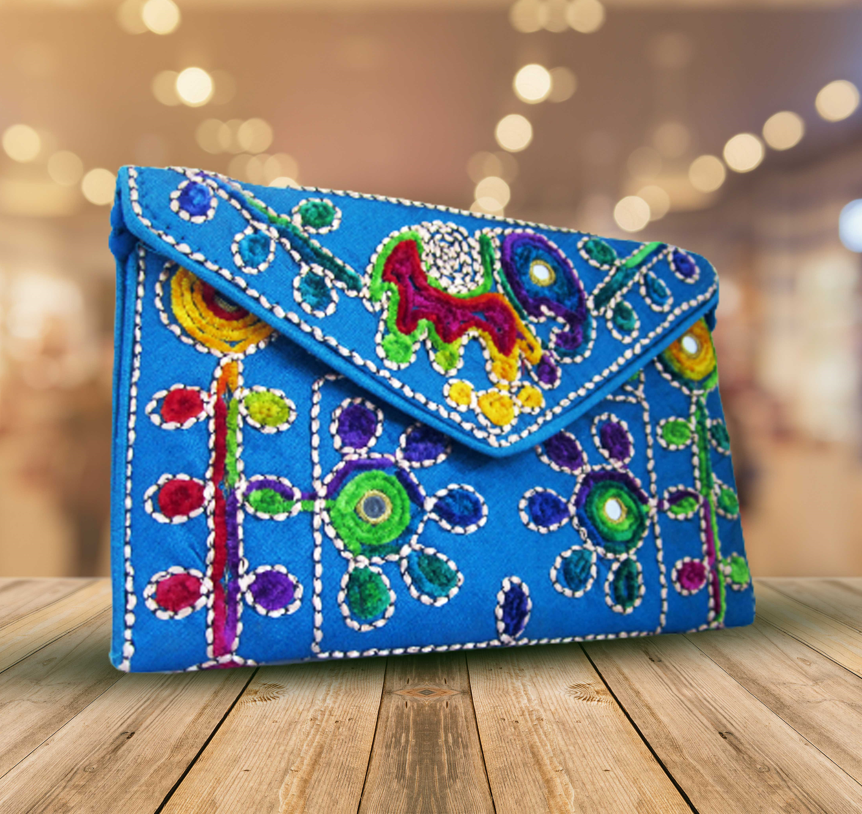 Embroidered Ethnic Boho Shoulder Crossbody Bag - Blue
