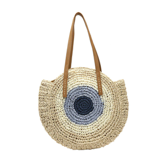 Handmade Round Women Straw/Rattan Shoulder Bag - (Beige and Blue)