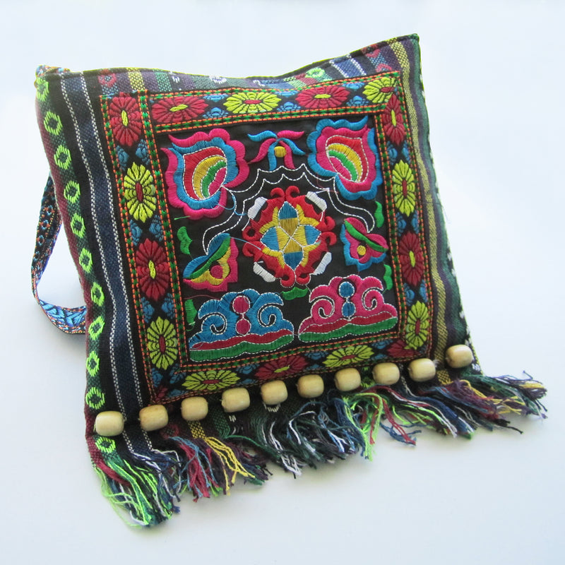 Ethnic Shoulder Bag - Blue with multicolored embroidery