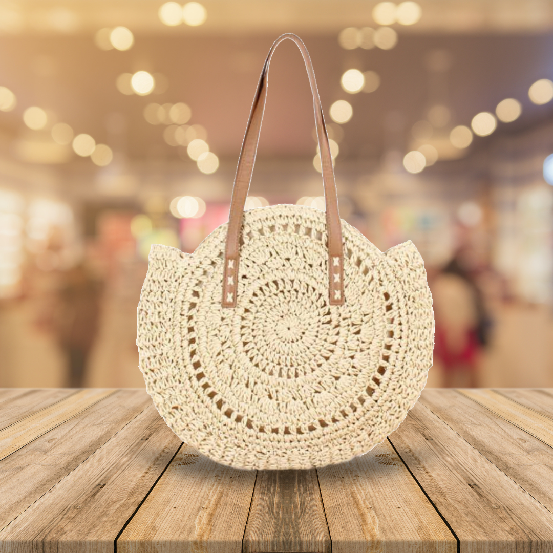 Handmade Round Women Straw/Rattan Shoulder Bag - Beige