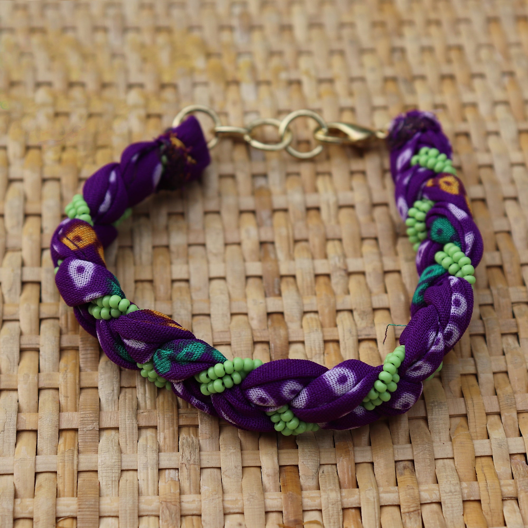 Purple with Green Beads - Handmade Vintage Cloth Bracelets