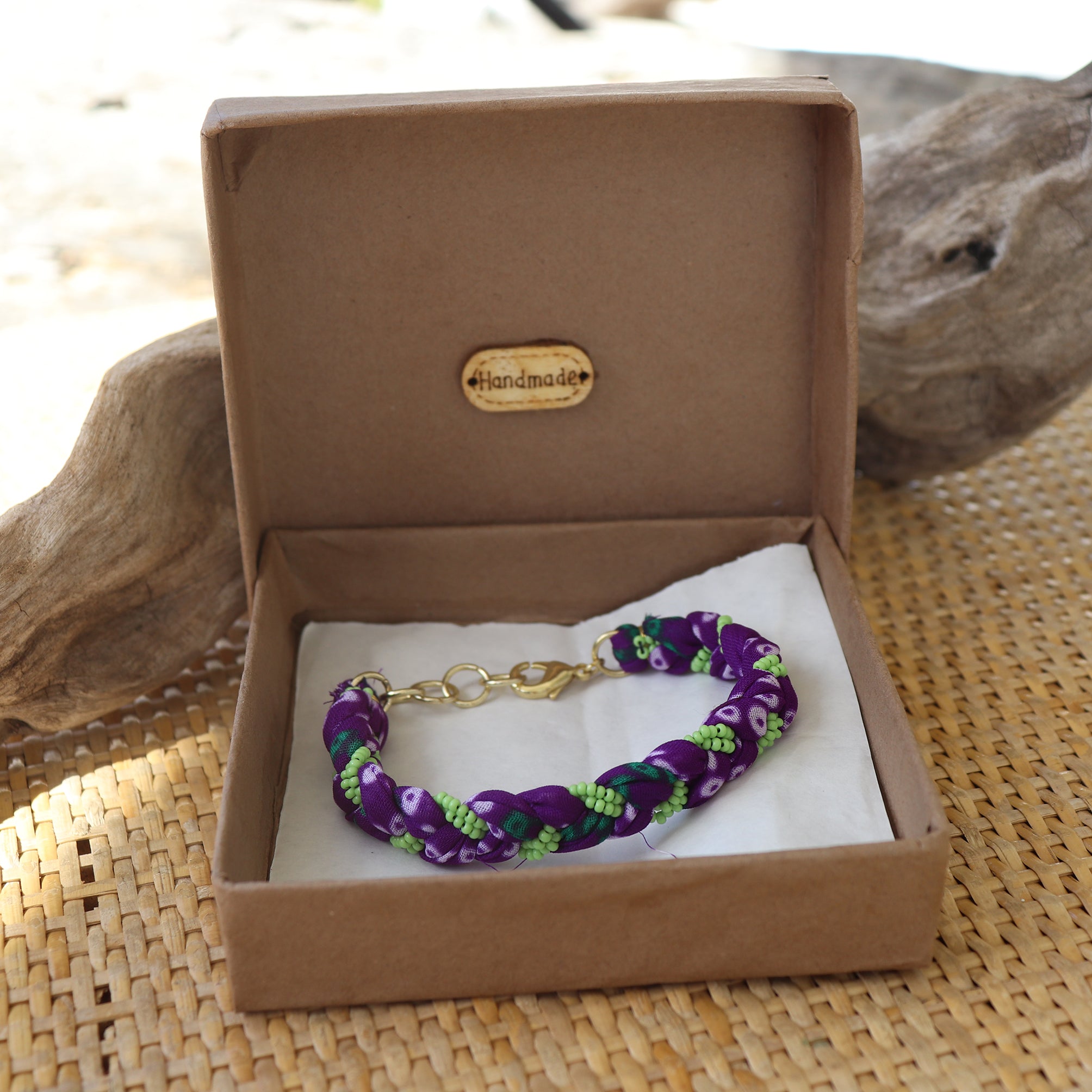 Purple with Green Beads - Handmade Vintage Cloth Bracelets