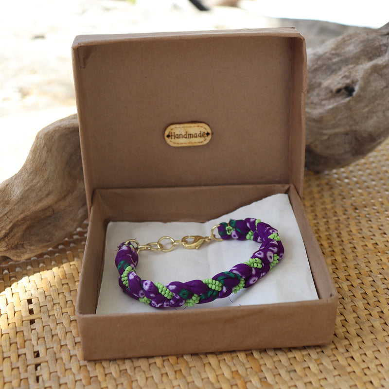 Purple with Green Beads - Handmade Vintage Cloth Bracelets