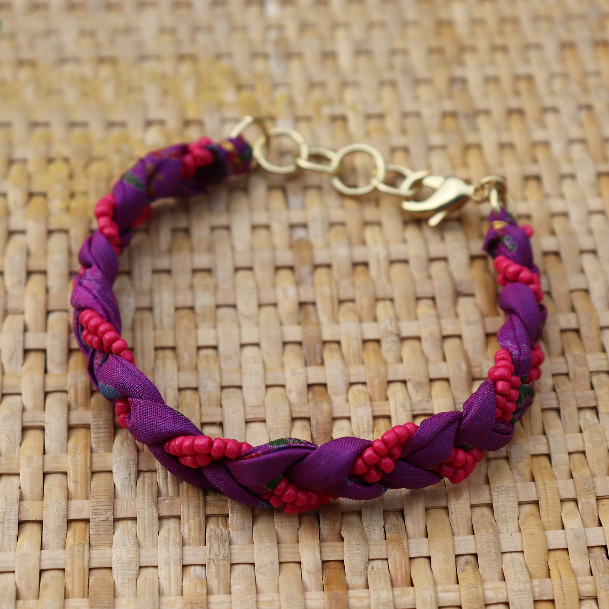 Purple with Pink Beads - Handmade Vintage Cloth Bracelets