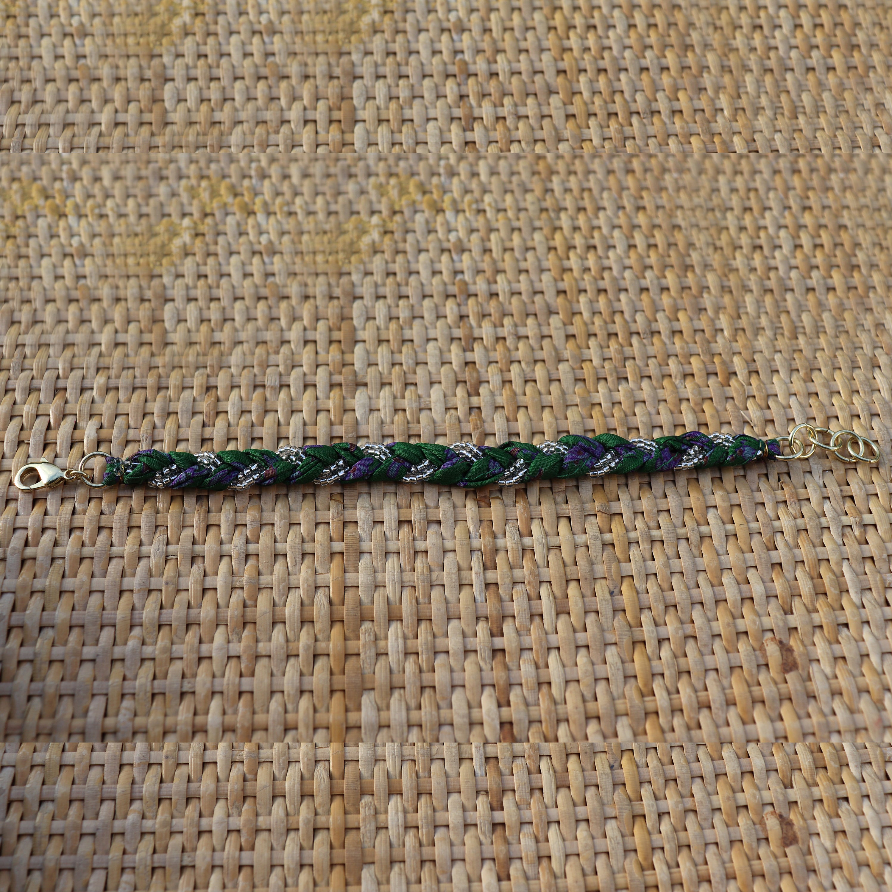 Green with Silver Beads - Handmade Vintage Cloth Bracelets