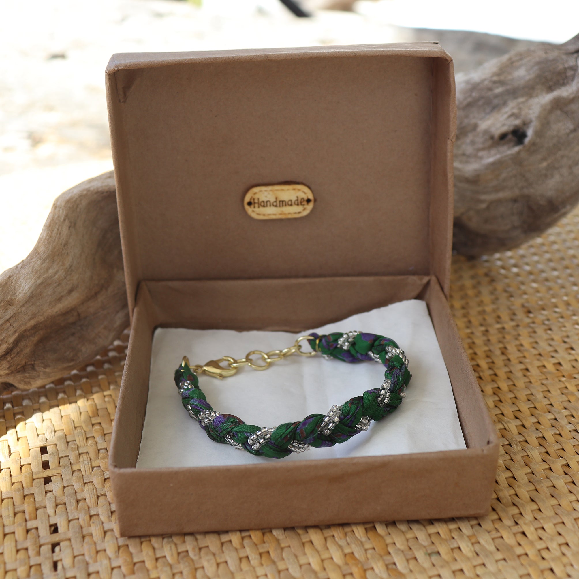 Green with Silver Beads - Handmade Vintage Cloth Bracelets