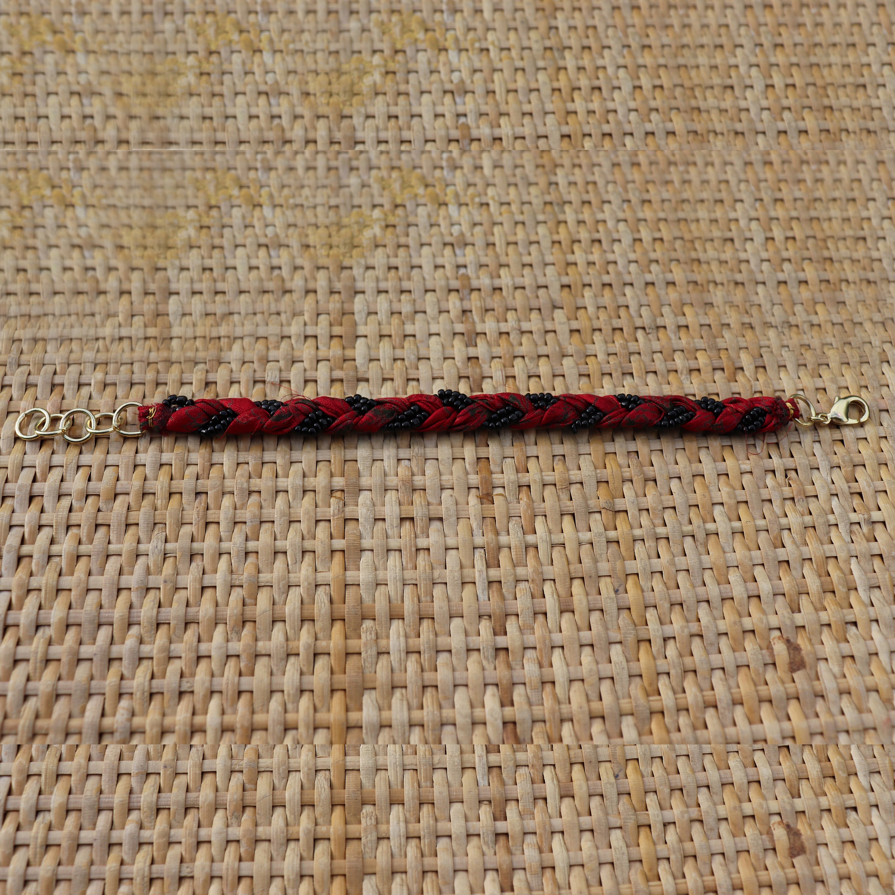 Red with Black Beads - Handmade Vintage Cloth Bracelets