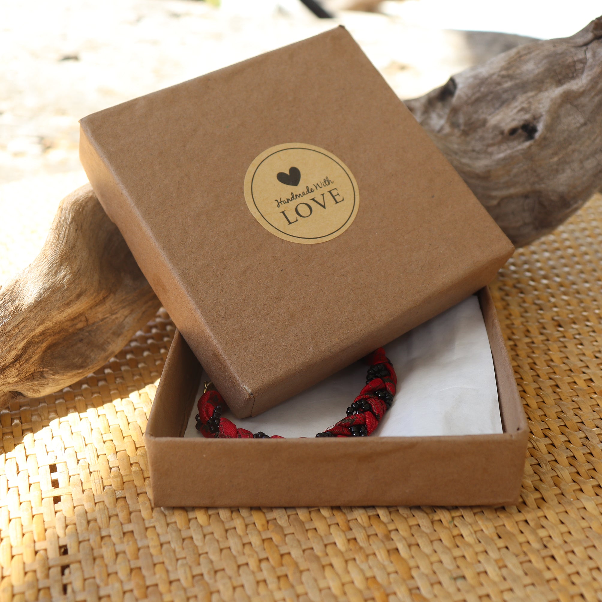 Red with Black Beads - Handmade Vintage Cloth Bracelets
