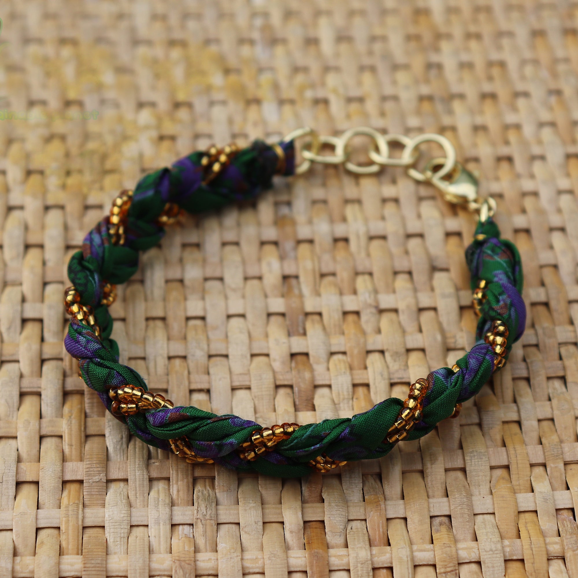 Green with Golden Beads - Handmade Vintage Cloth Bracelets