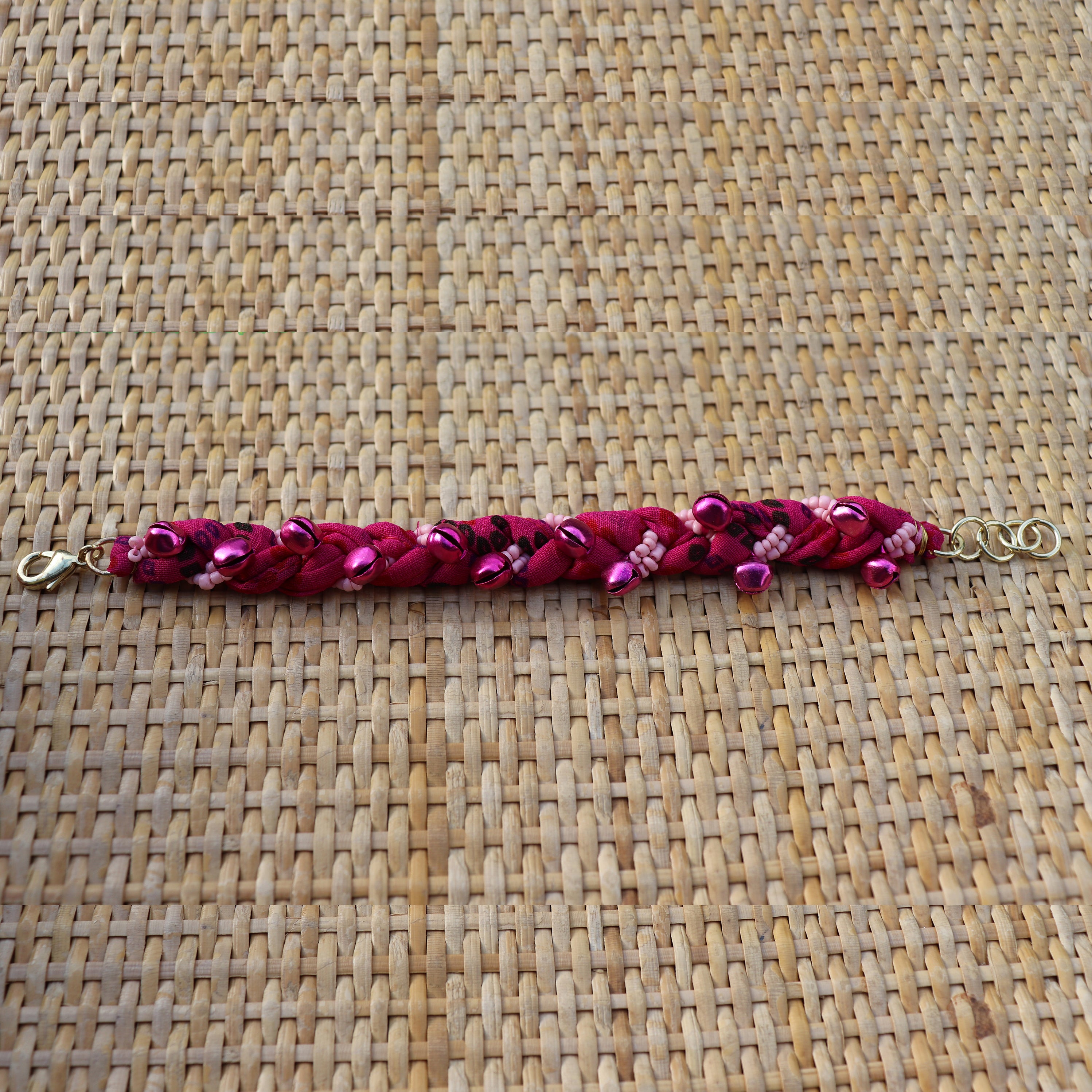 Pink with Pink Bells - Handmade Vintage Cloth Bracelets