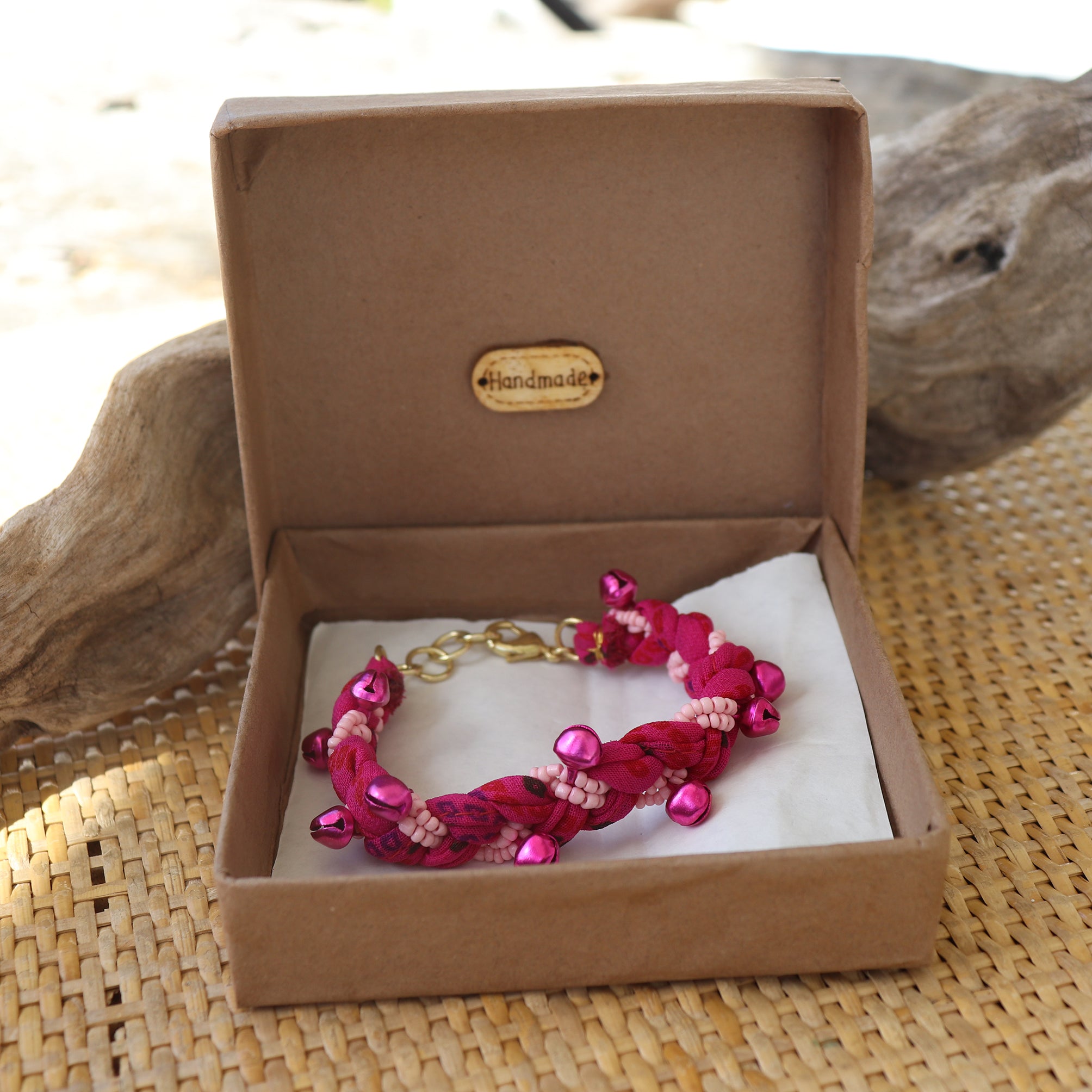 Pink with Pink Bells - Handmade Vintage Cloth Bracelets