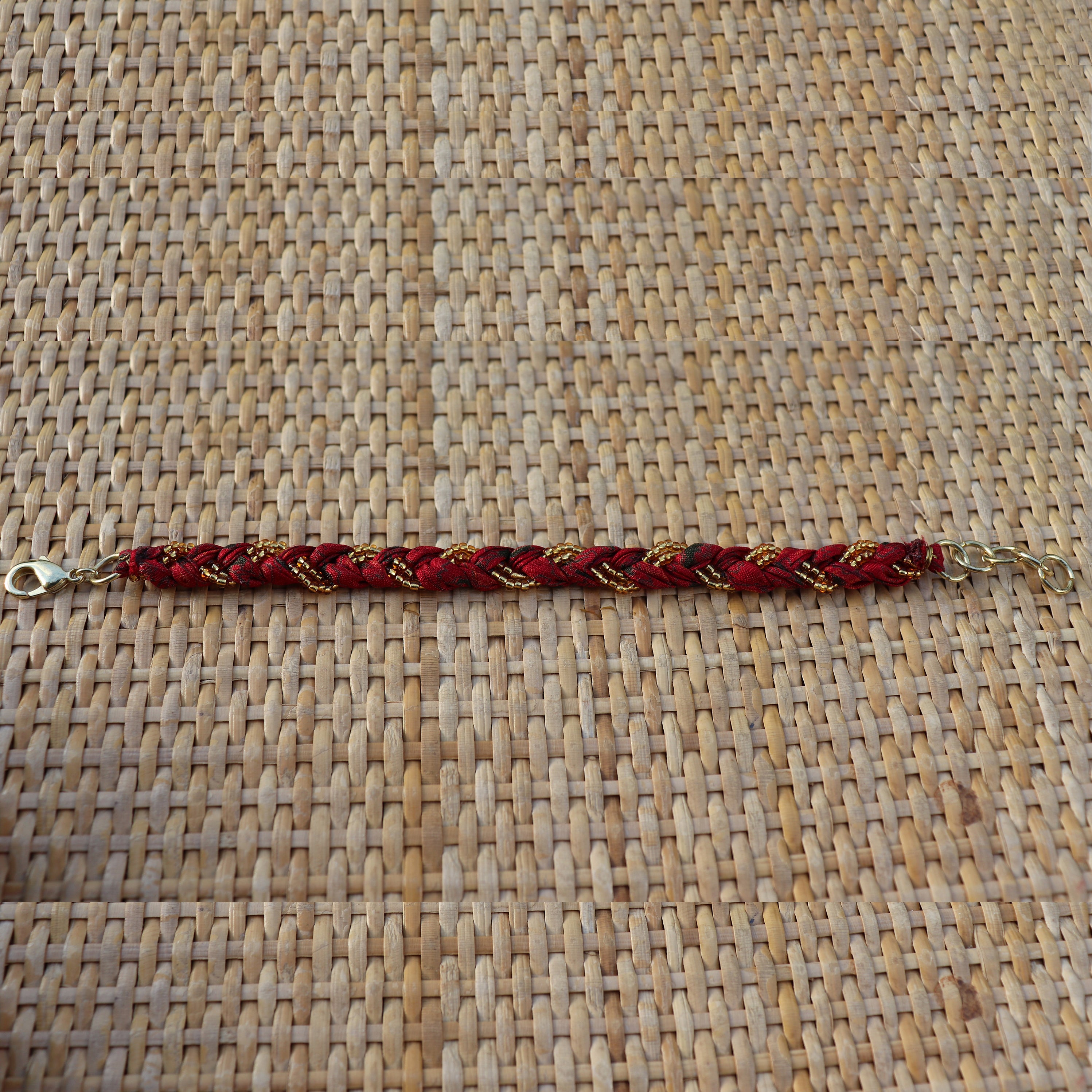 Red with Golden Beads - Handmade Vintage Cloth Bracelets
